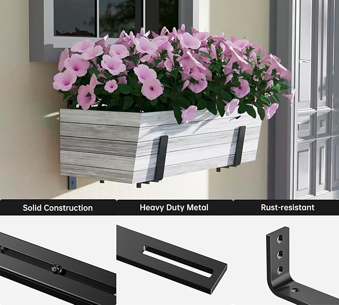 Y&M Adjustable Planter Brackets (6 to 12.5 in), Heavy Duty Iron Window Box Mounting Hooks for Balcony, Fences, Patio, Garden - Black