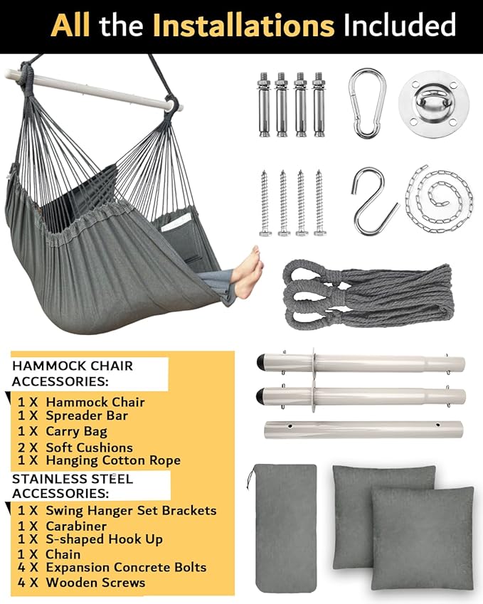XXL Hammock Chair Hanging Rope Swing with 2 Cushions - Max 500lbs-Perfect for Patio, Porch, Bedroom, Backyard, Indoor or Outdoor - Includes Hanging Hardware Kits