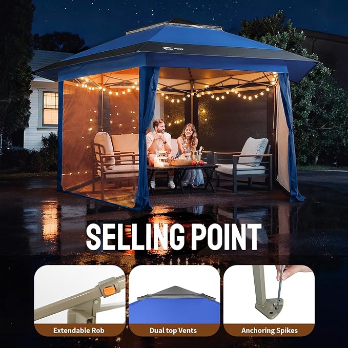 CROWN SHADES 13x13 Pop Up Gazebo with Mosquito Nettings, Patented Center Lock 6-Sided Portable Gazebo, 300D Silver-Coated Fabric UV Resistant, Pop Up Canopy Tent for Patio, Party, Blue&Light Grey