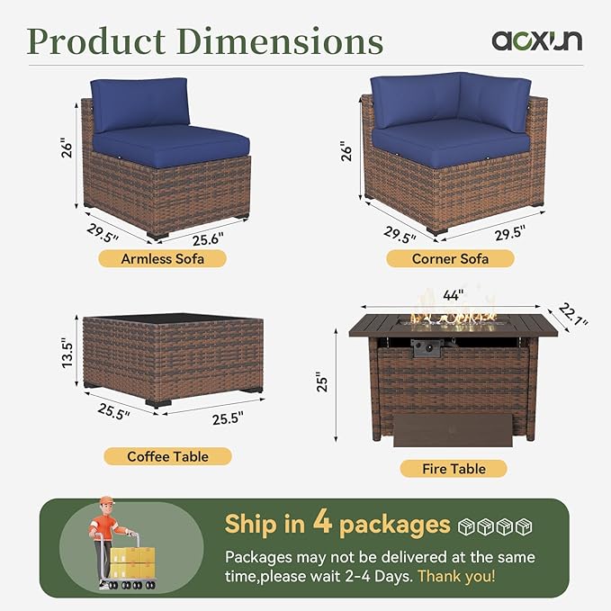Aoxun 11 Piece Patio Furniture Set with 44” Fire Pit Table Wicker Rattan Outdoor Sectional Sofa Set with Coffee Table and 4” Thickened Cushions, Blue (Waterproof Cover Included)