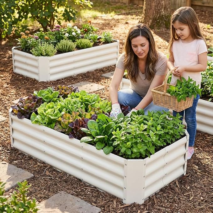 INNO STAGE 2Pcs Galvanized Raised Garden Bed Kit, 4x2x1FT Metal Raised Garden Beds for Vegetables, Rust-Resistant & Easy Assembly, Outdoor Raised Beds for Gardening, Flowers, Herbs (White)