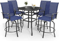 5 PCS Outdoor Bar Set with Outdoor Bistro Table and Chairs Set of 4, Bar Height Outdoor Dining Set, All Weather Mental Textilene High Swivel Bar Stools Chair Set of 4 and High Glass Bar Table