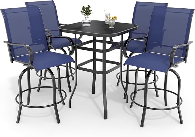 5 PCS Outdoor Bar Set with Outdoor Bistro Table and Chairs Set of 4, Bar Height Outdoor Dining Set, All Weather Mental Textilene High Swivel Bar Stools Chair Set of 4 and High Glass Bar Table
