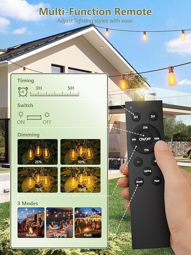 luckystyle 50FT Solar String Lights Outdoor Waterproof 2200K with Remote & USB Charging, 18+1 LED Shatterproof Bulbs, Dimmable & Timable, 3 Light Modes, Long Last for Garden,Patio, Backyard, Camping