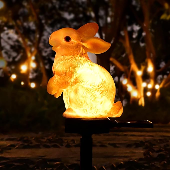 Bunny Garden Ornaments Rabbit Solar Decor Outdoor Statue Lawn Yard Decorations Outside Animal Stake Waterproof Patio Cute Brown Hare Figurines Gifts Idea