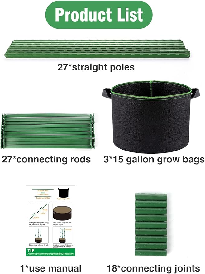 ANPHSIN 3 Sets Tomato Cages with 15 Gallon Grow Bags - 48" Stable Plant Garden Planter, Flowers Vegetable Trellis Pots for Tomato Vertical Climbing Plants Vines
