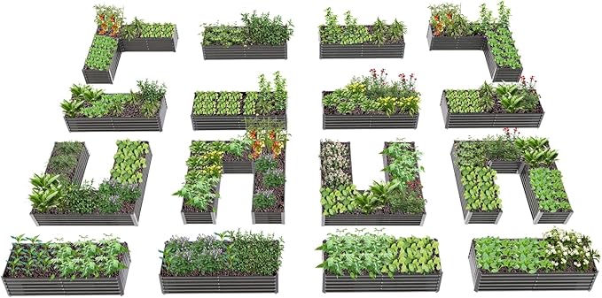 A ANLEOLIFE Set of 16, 18 Inch Tall Galvanized Raised Garden Beds Kit, Rectangular,U-Shaped & L Shaped Metal Planters – Ideal for Backyard Structured Garden Layouts, Quartz Grey