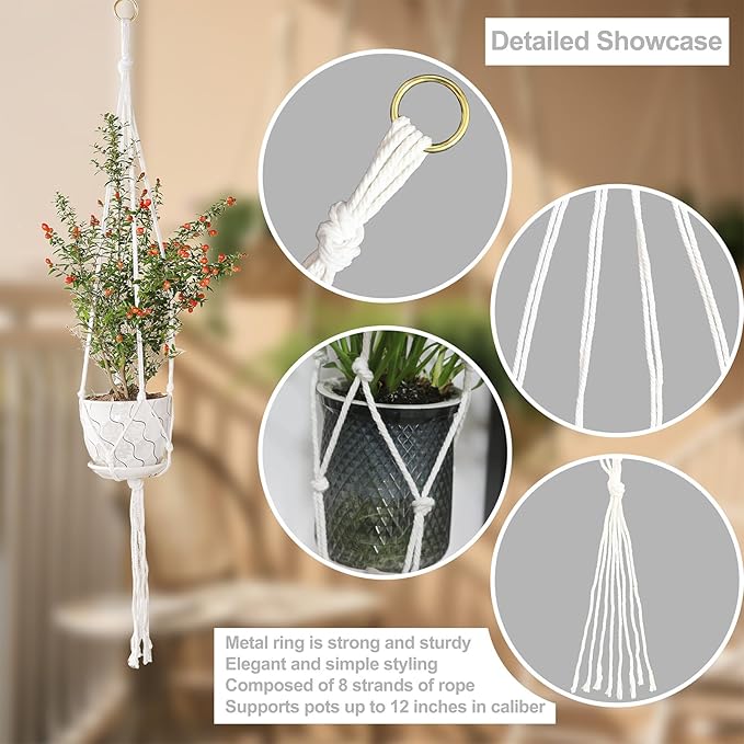3 Pack Macrame Plant Hanger Indoor, 35 41 47 Inch Handmade Boho Hanging Planter Basket with Screw Hooks S-Hooks and Extension Rope for Indoor Plants Home Decor (POTS NOT Included) (White)