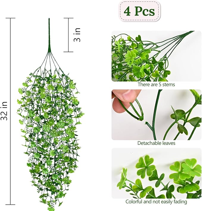 Waipfaru Artificial Hanging Four-leaf clover, 4pcs Fake Hanging Plants, Faux Ivy Pothos Vines Greenery for Wall Home Bedroom Living Room Aesthetic Kitchen Office Aesthetic Kitchen Indoor Outdoor Decor