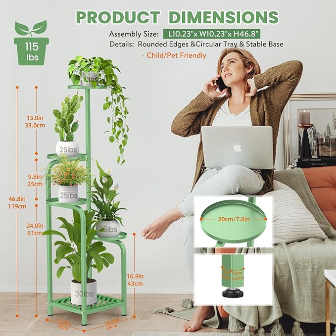 TOSKING 5 Tier Tall Plant Stand Indoor Outdoor, Heavy Duty Corner Shelf for Plants & Decor, Space Saving 3.9FT Metal Flower Pot Stand for Balcony, Garden, Living Room, Patio( Sage Green, 5Tier SQ Base)