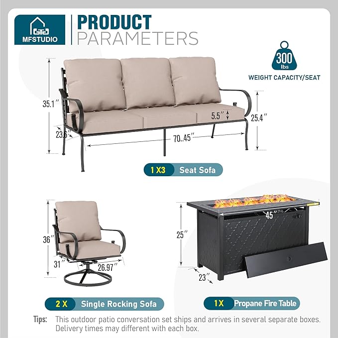MFSTUDIO 5 Seats Large Metal Patio Conversation Sets, 4 Pieces Outdoor Sectional Furniture Sofa with 2 x Swivel Chairs, 1 x 3-seat Sofa and 1 x 45 inches Rectangular Propane Fire Pit Table