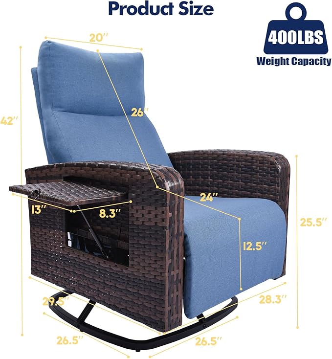 Outdoor Recliner Chair, Wicker Patio Recliners with Adjustable Backrest and Extended Foot Rest, Reclining Patio Chairs with Flip Table & Removable Cushion Cover for Porch
