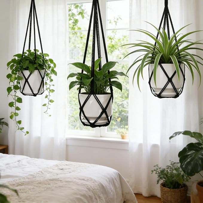 YIBOT 3 Pack Black Macrame Plant Hanger Indoor Hanging Planter Basket with 3 Hooks, 35"/29"/23" Crochet Plant Holder Stand No Tassels for Indoor Outdoor Boho Home Decor (POTS NOT Included)