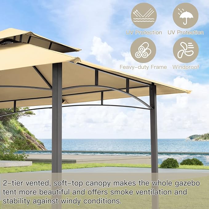 AECOJOY 8' x 5' Outdoor Grill Gazebo Canopy, BBQ Canopy for Outdoor Grill, 2- Tier BBQ Gazebo Shelter for Patio, Backyard and More (Beige)
