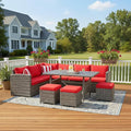 Tangkula 7 Pieces Patio Furniture Set, Outdoor Sectional Rattan Sofa Set with Cushions, All Weather Wicker Conversation Couch Set w/Dining Table & Ottomans for Backyard Garden Poolside