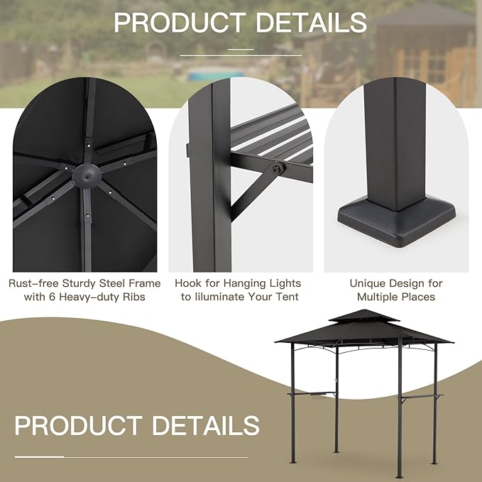 AECOJOY 8' x 5' Outdoor Grill Gazebo, BBQ Canopy for Outdoor Grill, 2- Tier BBQ Grill Gazebo Shelter for Patio, Backyard and More (Black)