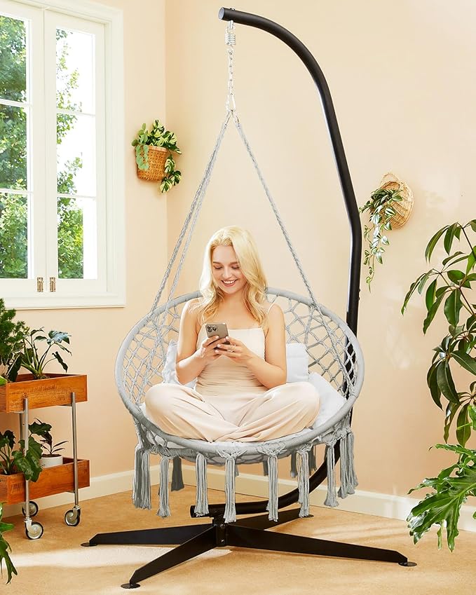 Greenstell Hammock Chair, Macrame Swing Chair with Comfy Cushion, Boho Hanging Chair for Outdoor & Indoor, Perfect for Bedroom, Patio, Balcony, Hold up to 350Lbs, Grey