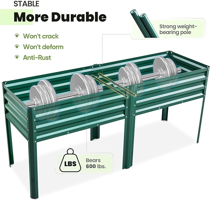 KING BIRD Raised Garden Bed with Legs Galvanized Large Elevated Planter Box for Backyard, Patio, Balcony, 600lb Capacity, Green 70.9x22.8x31.5 in