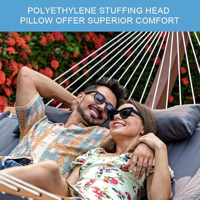 Lazy Daze Hammocks 12 FT Double Quilted Fabric Hammock with Spreader Bar and Detachable Pillow, 2 Person Double for Outside Patio Poolside Backyard Beach, 450lbs Capacity, Gray