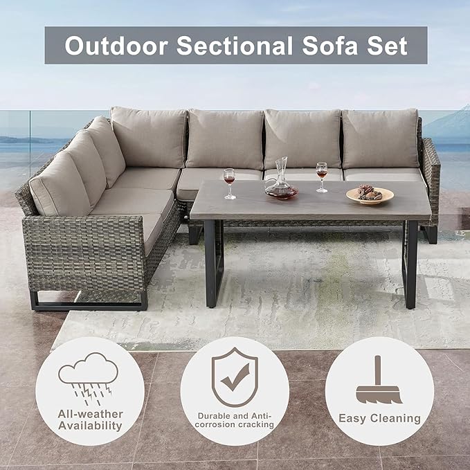 Patio Sectional Furniture Set with Fire Pit Table: 10 Pieces Wicker Patio Conversation Set with L Shaped Sofa, Outdoor Swivel Glider Rocker, Rattan Club Chairs, Ottomans, Removable Cushions Grey