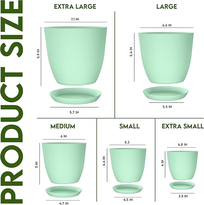 Utopia Home - Plant Pots Indoor with Drainage - 7/6.6/6/5.3/4.8 Inches Home Decor Flower Pots for Indoor Planter - Pack of 5 Plastic Planters for Indoor Plants, Cactus, Succulents Pot - Mint