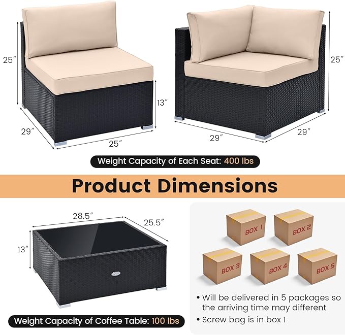 Tangkula 10 Pieces Patio Sofa Set, Outdoor Wicker Conversation Set with Soft Cushions, Tempered Glass Tabletop, Sofa Fastener Clips Included, Rattan Furniture Set for Backyard, Poolside (Beige)
