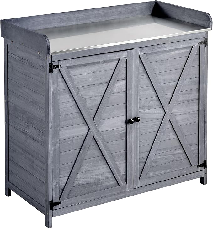 VEVOR Potting Bench Table, Outdoor Gardening Wooden Storage Cabinet with 39 x 19 in Wood Tabletop, Garden Planting Workstation with Large Storage Space for Patio, Backyard, Gray