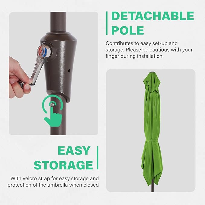 JEAREY 6.5x10 ft Rectangular Patio Umbrellas Rectangle Outdoor Umbrella with Push Button Tilt and Crank, Market Table Umbrella 6 Sturdy Ribs UV Protection for Poolside Garden Backyard Deck, Glass Green