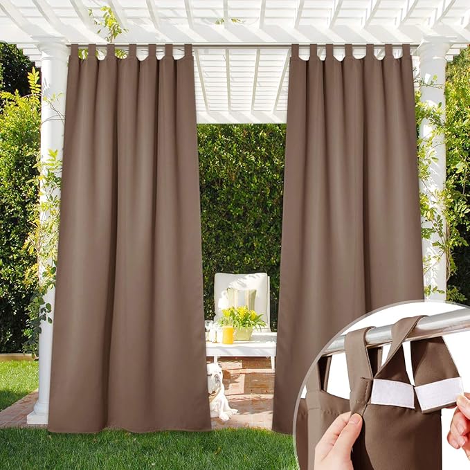 NICETOWN Porch Curtain Outdoor Waterproof for Patio, Self-Stick Tab Top Blackout Indoor Outdoor Divider Vertical Blinds Keep Privacy for Pergola/Patio, 1 Pack, W52 by L84 inches, Tan