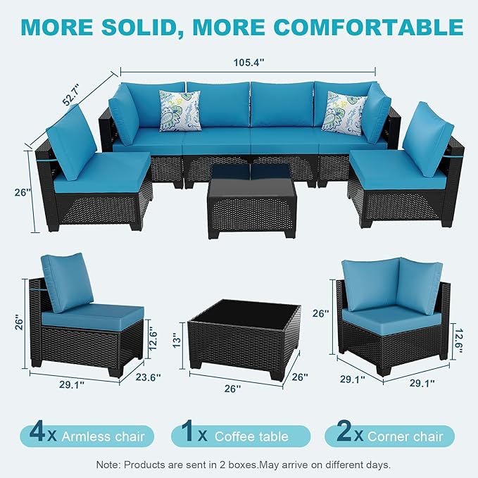 Outdoor Wicker Patio Furniture Set, Rattan Sectional Sofa Set with Thick Cushions (Brown/Peacock Blue, 7 Piece Sofa Set)
