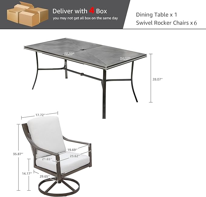 NATURAL EXPRESSIONS 7 Piece Patio Dining Table Outdoor Furniture Set for 6, 6Pcs Swivel Patio Dining Chairs with Olefin Cushions, 65”Large Dining Table with Umbrella Hole