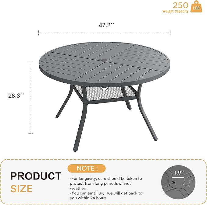 VICLLAX Round Patio Table with Adjustable Umbrella Hole for 6, All Weather Metal Outdoor Dining Table for Lawn Garden, 47.2" Outdoor Coffee Table, Grey Tabletop