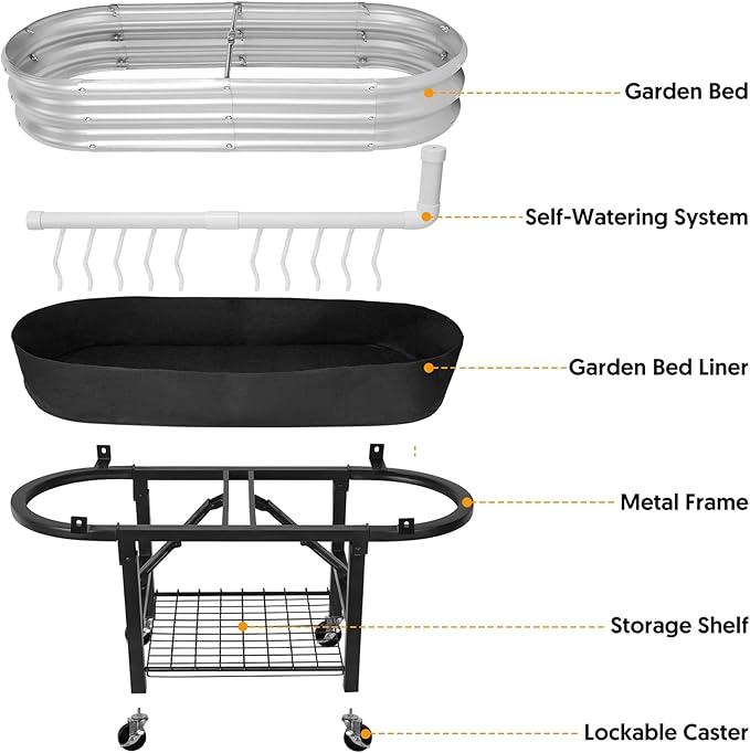 Raised Garden Bed with Legs and Heavy Duty Wheels, Self-Watering Planter Box, Easy-Install Foldable Stand, Galvanized Metal Elevated Wicking Bed with Liner for Indoor Outdoor Gardening