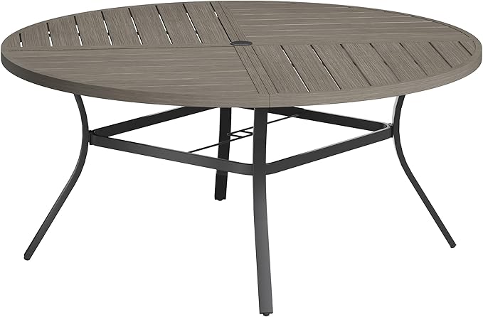 VICLLAX Round Patio Table with Adjustable Umbrella Hole for 8, All Weather Metal Outdoor Dining Table for Lawn Garden, 59.8" Outdoor Coffee Table, Grey Wood-Like Tabletop