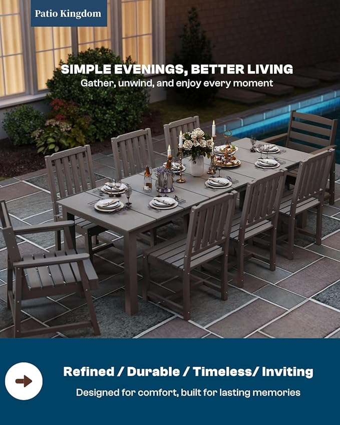 5-Piece Black Outdoor Dining Set with White 11FT Large Patio Umbrella, 75.2'' HDPE Table & Chairs for 8, Weather-Resistant Furniture with Umbrella Hole for Patio, Lawn, Poolside