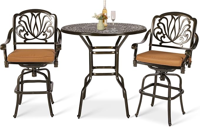 VIVIJASON 3-Piece Patio Swivel Bar Stools Set, All Weather Cast Aluminum Outdoor Bar Height Bistro Set with 2 Cushioned Bar Chairs & 38.5" High Bar Table w/Umbrella Hole for Backyard, Lawn, Garden