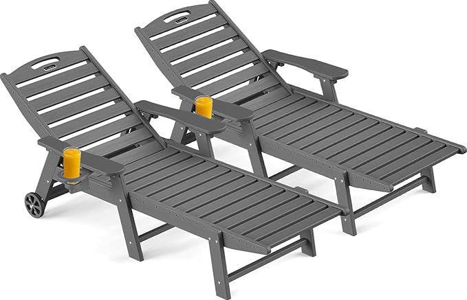 Ciokea Outdoor Chaise Lounge Chair Set of 2, Patio Lounge Chairs for Outside, HDPE Lounge Chairs with Wheels & Cup Holder, Poly Lounge Chair with 5 Position for Poolside, Deck, Dark Grey