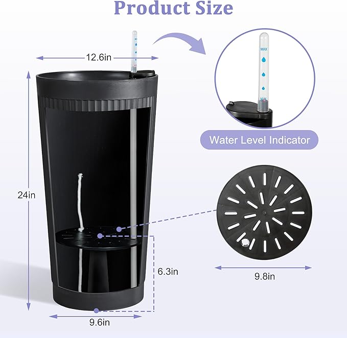 24in Tall Self-Watering Planters Set of 2 - Black Flower Pots with Water Level Monitor, Non-Toxic Plastic Planters for Indoor Outdoor Patio, Porch, Living Room, Home Office