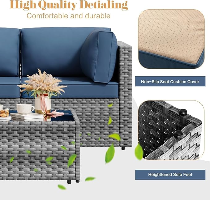 JAMFLY Patio Furniture Sets, 6-Piece Outdoor Patio Furniture with 43'' Propane Gas Fire Pit Table, Wicker Outdoor Conversation Set Sectional Sofa for Backyard, Poolside, Garden(Blue Cushion)