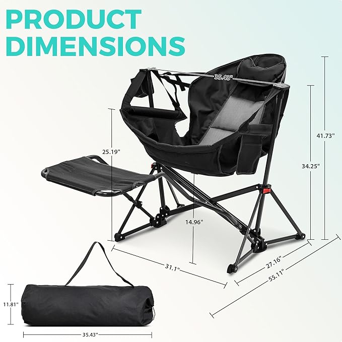 Ainfox Hammock Camping Chair with Footrest, Foldable Portable Rocking Chairs for Adults Outside Swinging Camp with Cup Holder Pillow for Outdoor Patio Poolside (Dark Black)