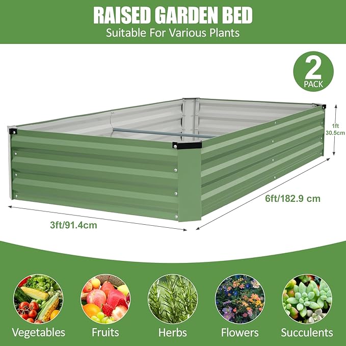 Galvanized Raised Garden Bed Outdoor | Metal Raised Garden Bed for Gardening 2Pack | Large Planter Box for Vegetables Flowers Fruits | Easy Assembly & Safety Design Flower Beds 6x3x1ft Olive Green