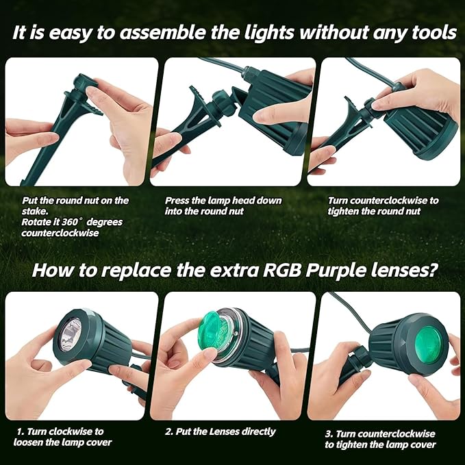 Spotlight Outdoor – 120V Plug-In, 6500K Cool White LED Landscape Lighting with RGB Purple 4 Color Lenses for Yard, Garden, Lawn & Tree Decor on Holidays&Everyday, IP67 Waterproof (4 Pack,Green)