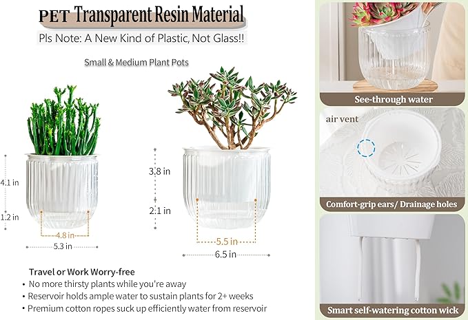 Melphoe Self Watering Pots for Indoor Plants Planter, 6.5/5.3 Inch 2 Pack Planters Self Watering Plant Pots for Flower, Houseplants, Succulent, African Violets and Cactus with Drainage