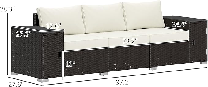 Outsunny 3 Seater Wicker Sofa with 2 Storage Side Tables and Thickened Cushions, Rattan Outdoor Patio Sofa with Wide Armrests, Wicker Outdoor Couch for Porch, Garden, Backyard, Cream White/Brown