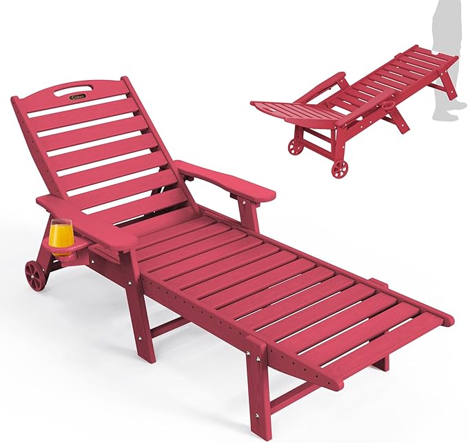 Ciokea Lounge Chair Outdoor, Oversized Chaise Lounge Chair with 5 Positions, HDPE, Patio Lounge Chair with Wheels & Cup Holder for Pool, Deck, Poolside, Red