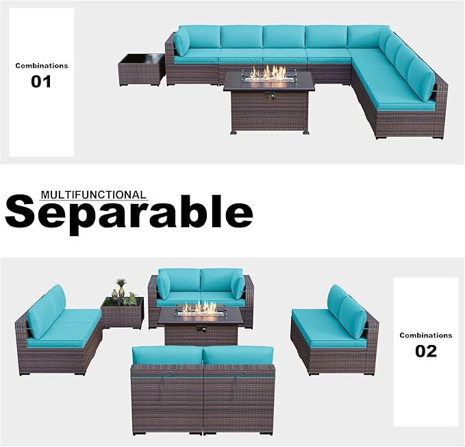 Kullavik 10 Pieces Outdoor Patio Furniture Set with 43" 55000BTU Gas Propane Fire Pit Table PE Wicker Rattan Sectional Sofa Patio Conversation Sets,Blue