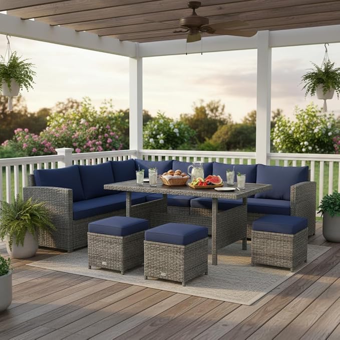 Tangkula 7 Pieces Patio Furniture Set, Outdoor Sectional Rattan Dining Sofa Set with Cushions, All Weather Wicker Conversation Couch Set with Dining Table & Ottomans for Yard Garden Poolside, Navy