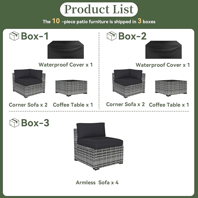 Aoxun 10 Piece Patio Furniture Set Wicker Rattan Patio Conversation Set Outdoor Sectional Sofa Set with Coffee Table and Thickened Cushions, Gray/Black(Waterproof Cover Included)
