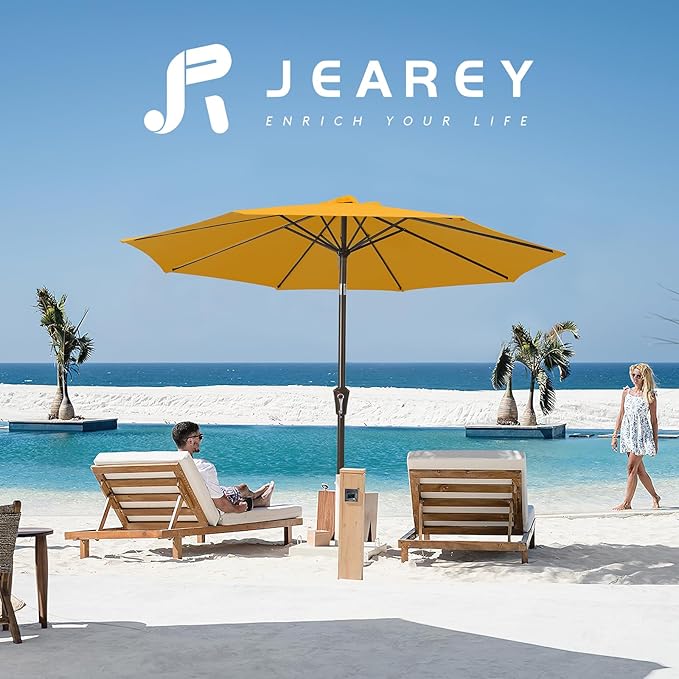JEAREY 9FT Outdoor Patio Umbrella Market Umbrella with Push Button Tilt and Crank, Outdoor Table Umbrellas 8 Sturdy Ribs UV Protection Waterproof for Garden, Deck, Backyard, Pool (Bright Orange)