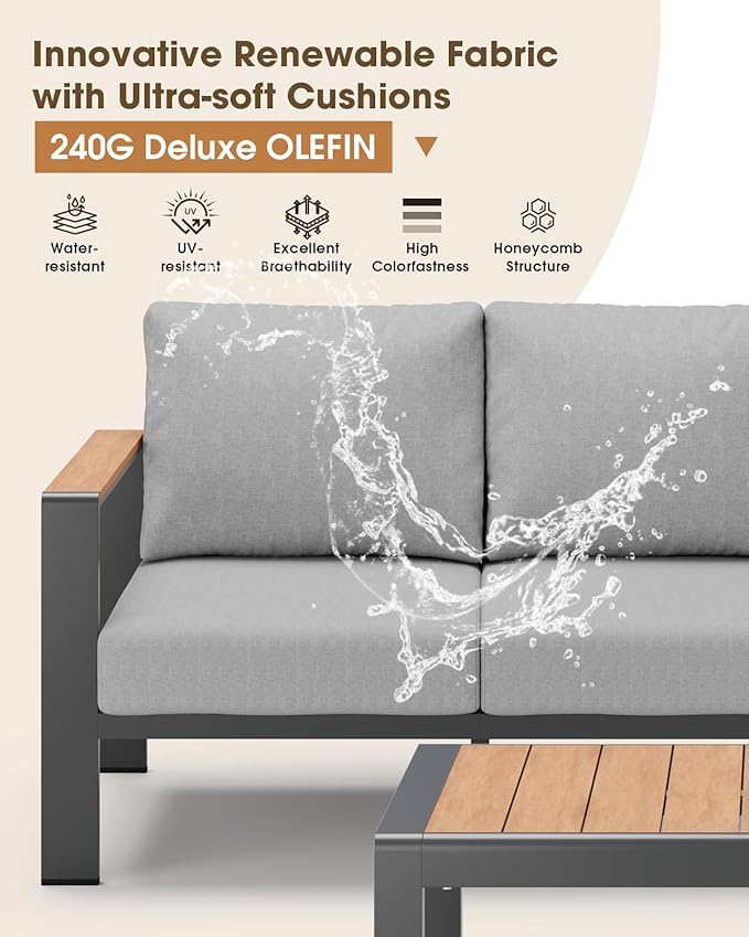 Aluminum Outdoor Patio Furniture Set 6 Seats, Outdoor Sectional Corner Sofa with Thick Waterproof Cushions & Coffee Table, Patio Conversation Sets for Backyard, Porch, Balcony, Deck, Gray